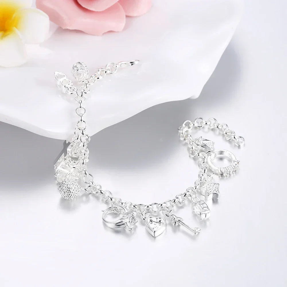 Hot sale fashion 925 Sterling silver Bracelet for woman Pretty heart Zircon Pendant chain Wedding party Gifts classic Jewelry