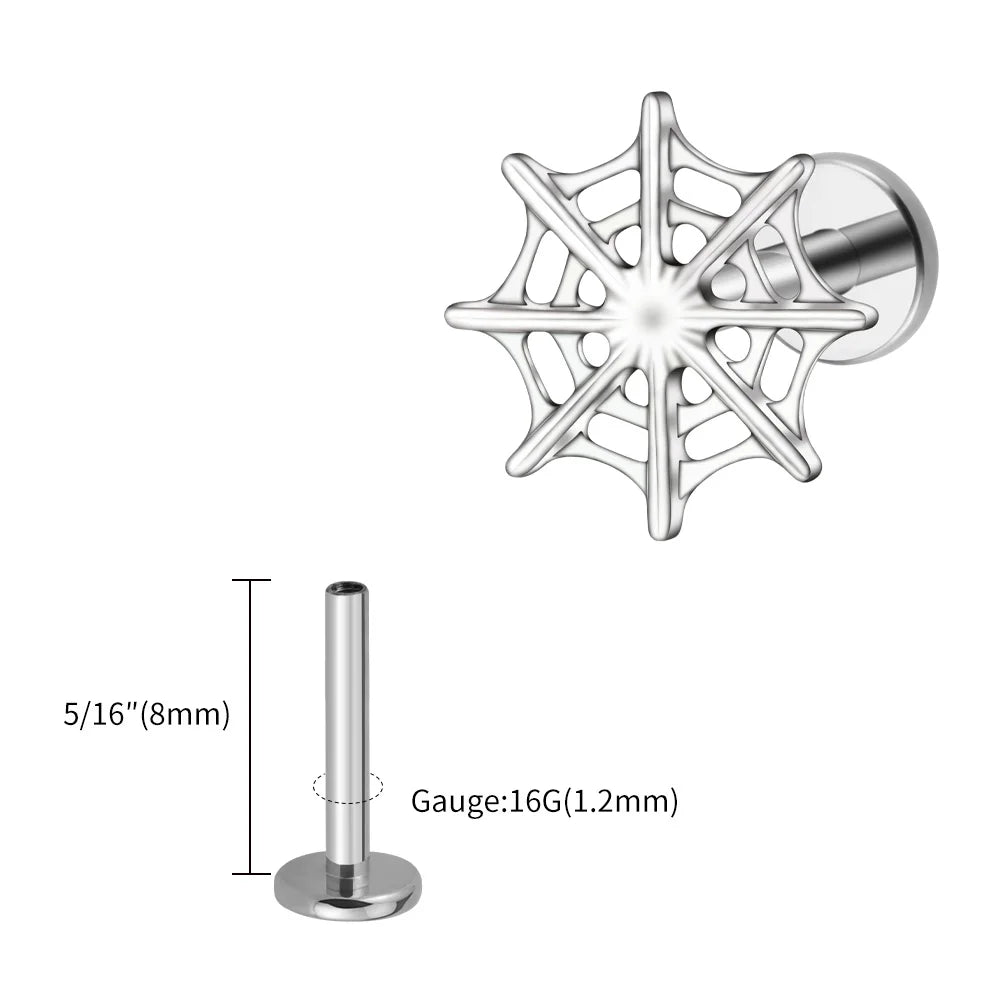 Right Grand ASTM F136 Titanium 16G Spider Web Stud Earring Cartilage Tragus Helix Conch Ear Lobe Flat Piercing Halloween Jewelry
