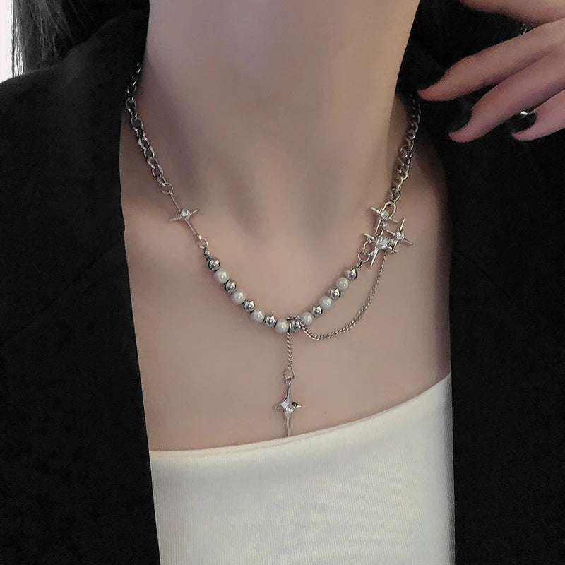 Kpop Zircon Cross Star Beaded Necklace Men Imitation Pearl Star Pendant Necklaces Y2K Hiphop Star Tassel Choker Necklace Unisex