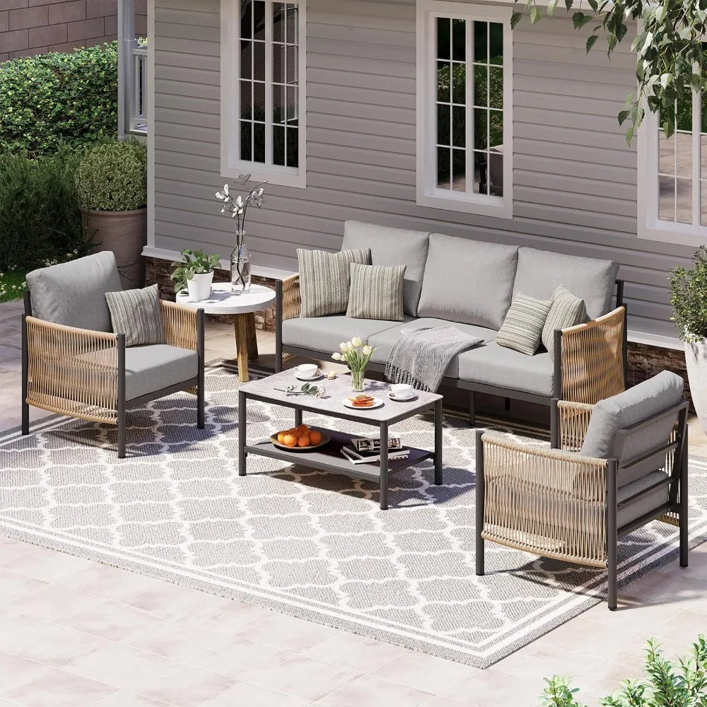 Aluminum Outdoor Patio Furniture Set, HDPE Rope 4 Piece Modern Sectional Conversation Sets with Dual-Layer Coffee Table