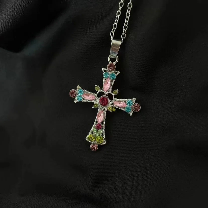 Summer Black Rhinestone Cross Jesus Pendant Choker Necklace for Women Punk Vintage Double Layers Chain 2025 Neck Boho Jewelry