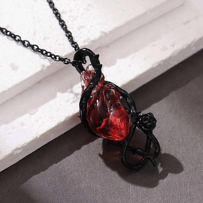 Dark Red Crystal Flower Thorns Pendant Necklace for Women Unisex Gothic Punk Love Heart Skeleton Skull Choker Halloween Jewelry