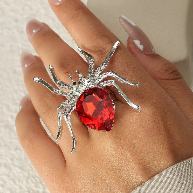 Gothic Fashion Rings For Women Girls Crystal Black Spider Open Ring Hip Hop Punk Irregular Animal Finger Jewelry Halloween Gift