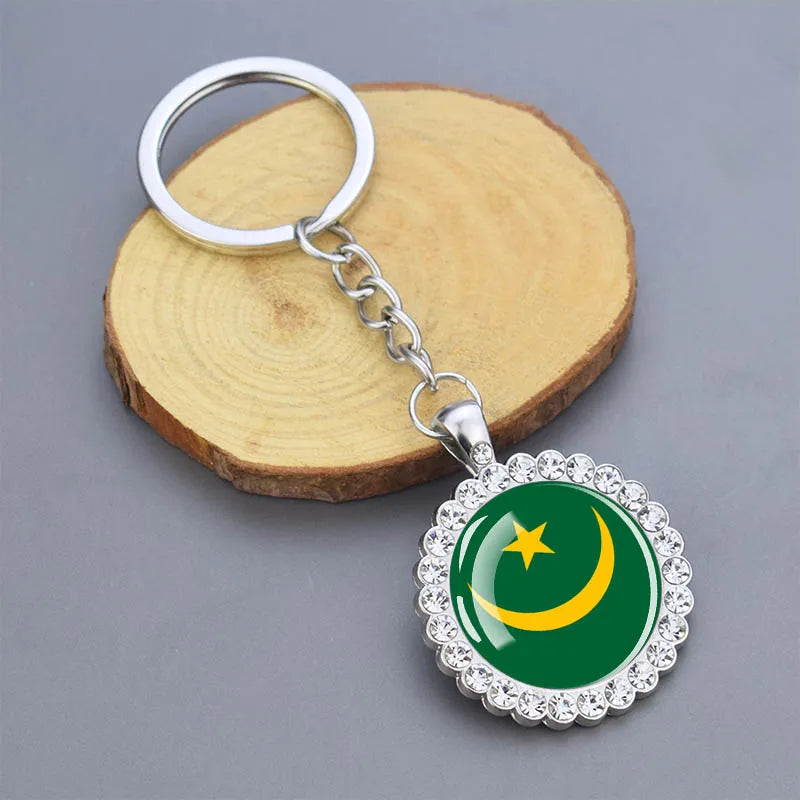 Arab National Flag Keychains Algeria Yemen Tunisia Saudi Arabia Egypt Glass Dome Rhinestone Key Chain Flag Jewelry Keyring Gift
