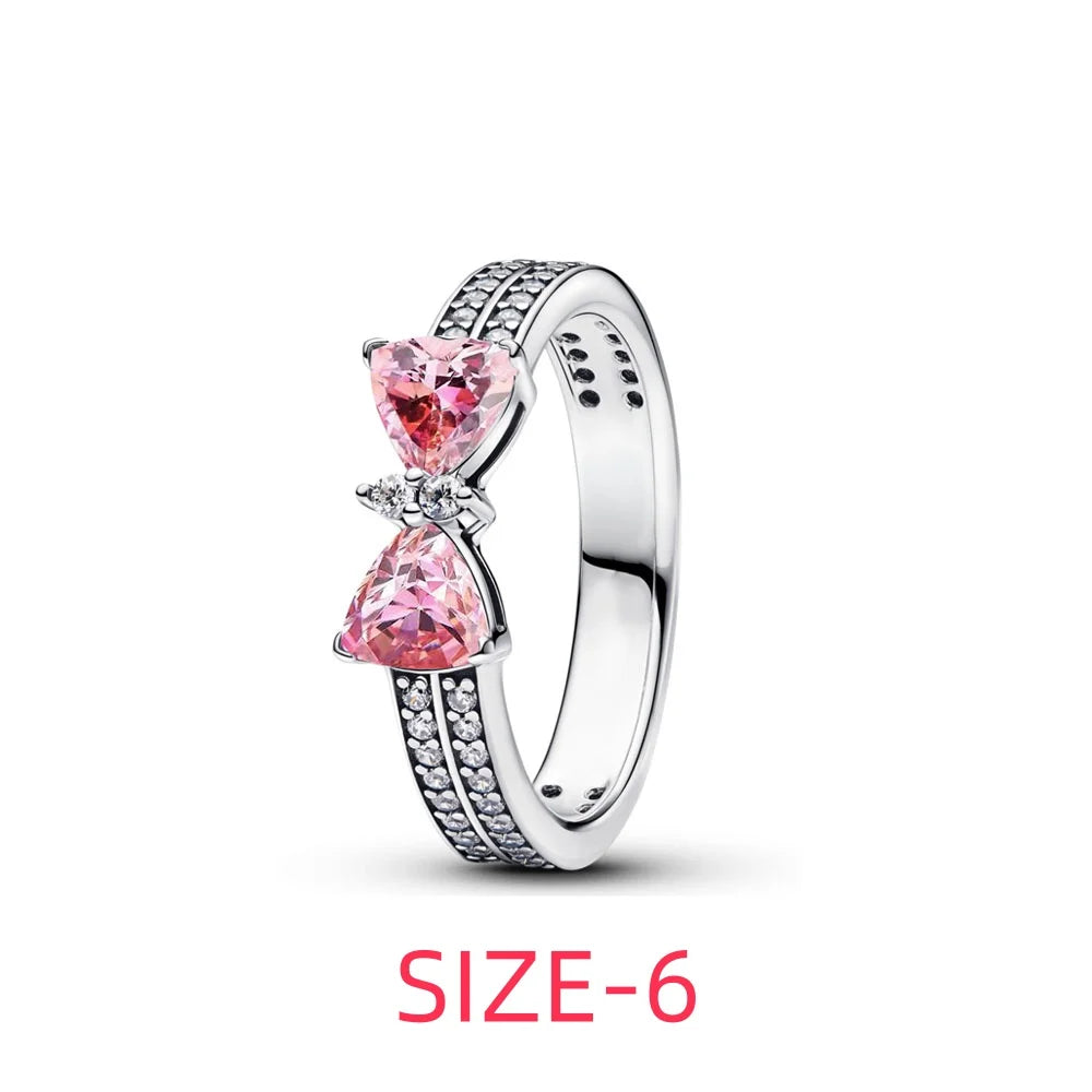 New 925 sterling silver pink bow necklace ring earrings crystal ladies Valentine's Day birthday gift DIY jewelry