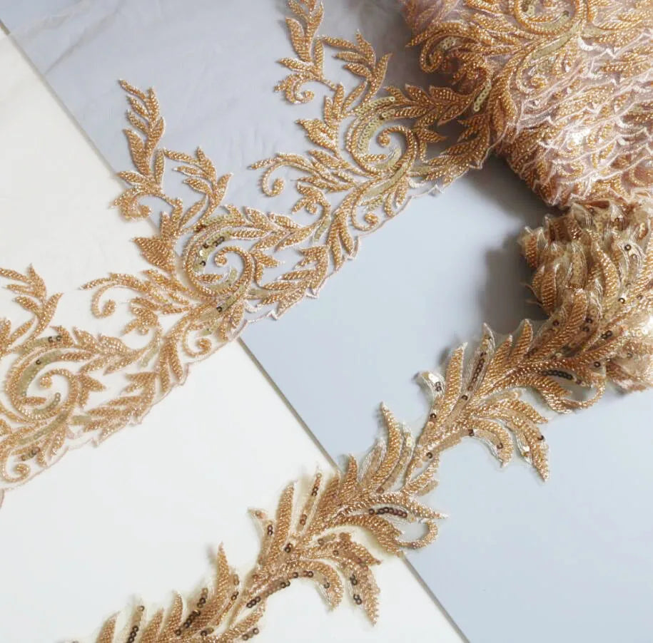 2Yards Beaded Embroidery Gold Lace Wedding Dress Veil Children's Clothing Headwear Trims 13cm~25cm