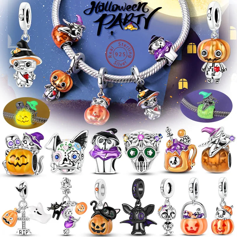 Halloween Charm Bead Pendant 925 Sterling Silver Pumpkin Witch Doll Skeleton Mummy Candy Charm Fit Original Bracelet DIY Jewelry