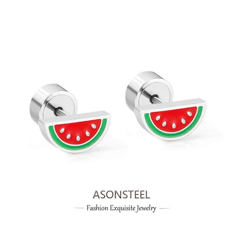 ASONSTEEL High Quality Sweet Watermelon Small Stud Earrings Silver Color Stainless Steel Cartoon For Girl Women Jewelry Piercing