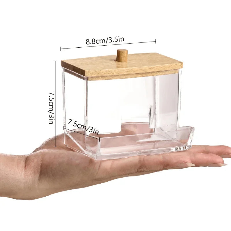 Dustproof Storage Jar for Sticks Powder, Beauty Eggs, and Swabs Transparent Acrylic Wooden Lid Stick Holder for Desktop Bathroom
