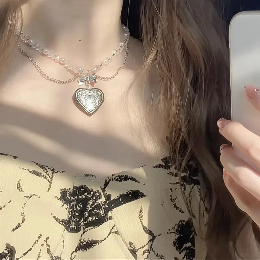 Gothic Cute Y2K Stainless Steel Bow Heart Pink Cross Pendant Beaded Pearl Snake Chain Necklace For Egirl 2000s EMO Acssesories