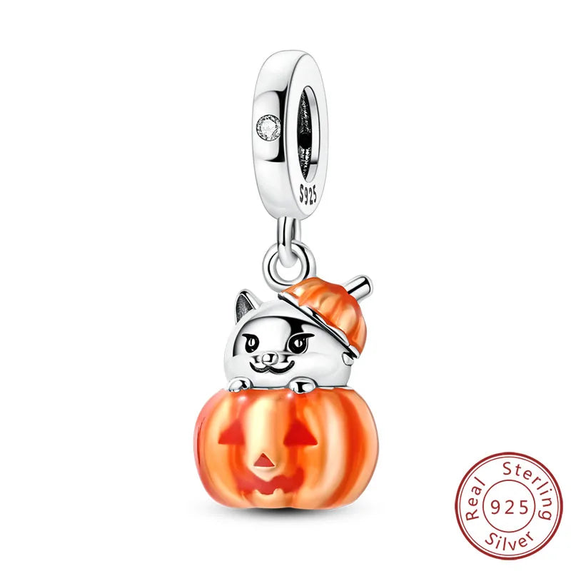 Halloween Charm Bead Pendant 925 Sterling Silver Pumpkin Witch Doll Skeleton Mummy Candy Charm Fit Original Bracelet DIY Jewelry