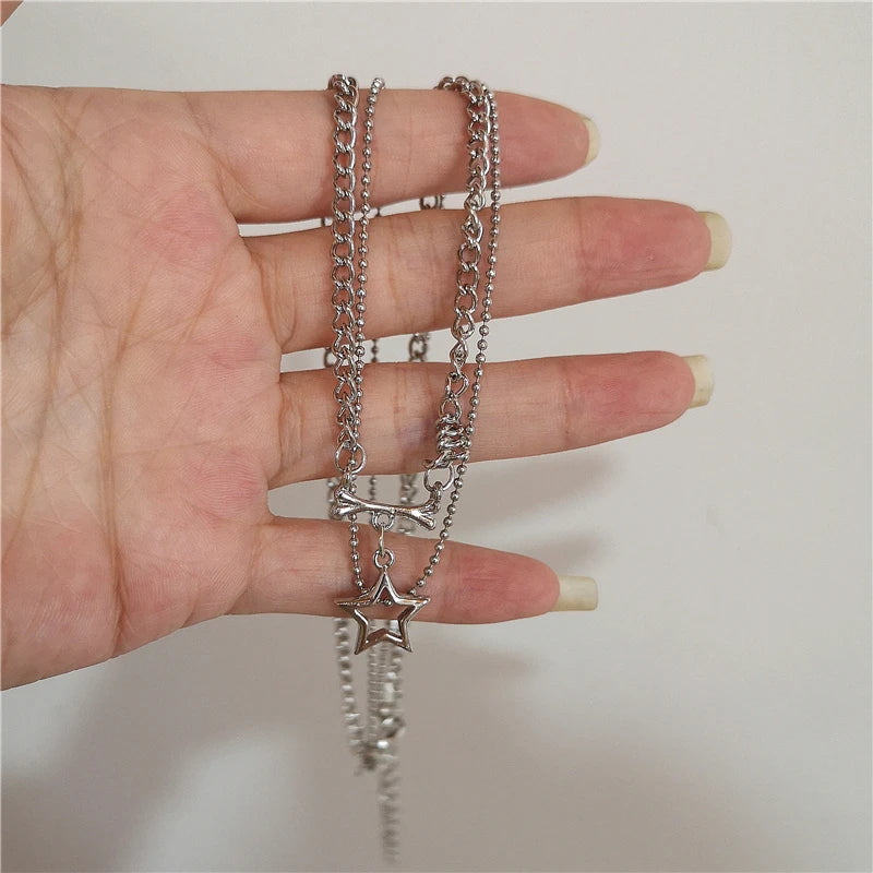 Kpop Goth Vintage Cool Y2K Star Pendant Beaded Silver Color Chain Necklace For Women Men Aesthetic Grunge EMO Jewely Accessory