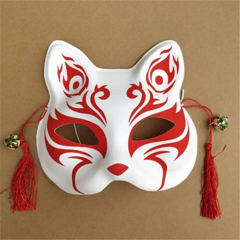 Party Show Fox Mask With Tassels And Bells Hand-painted Kitsune Half Face Halloween Cosplay Gift