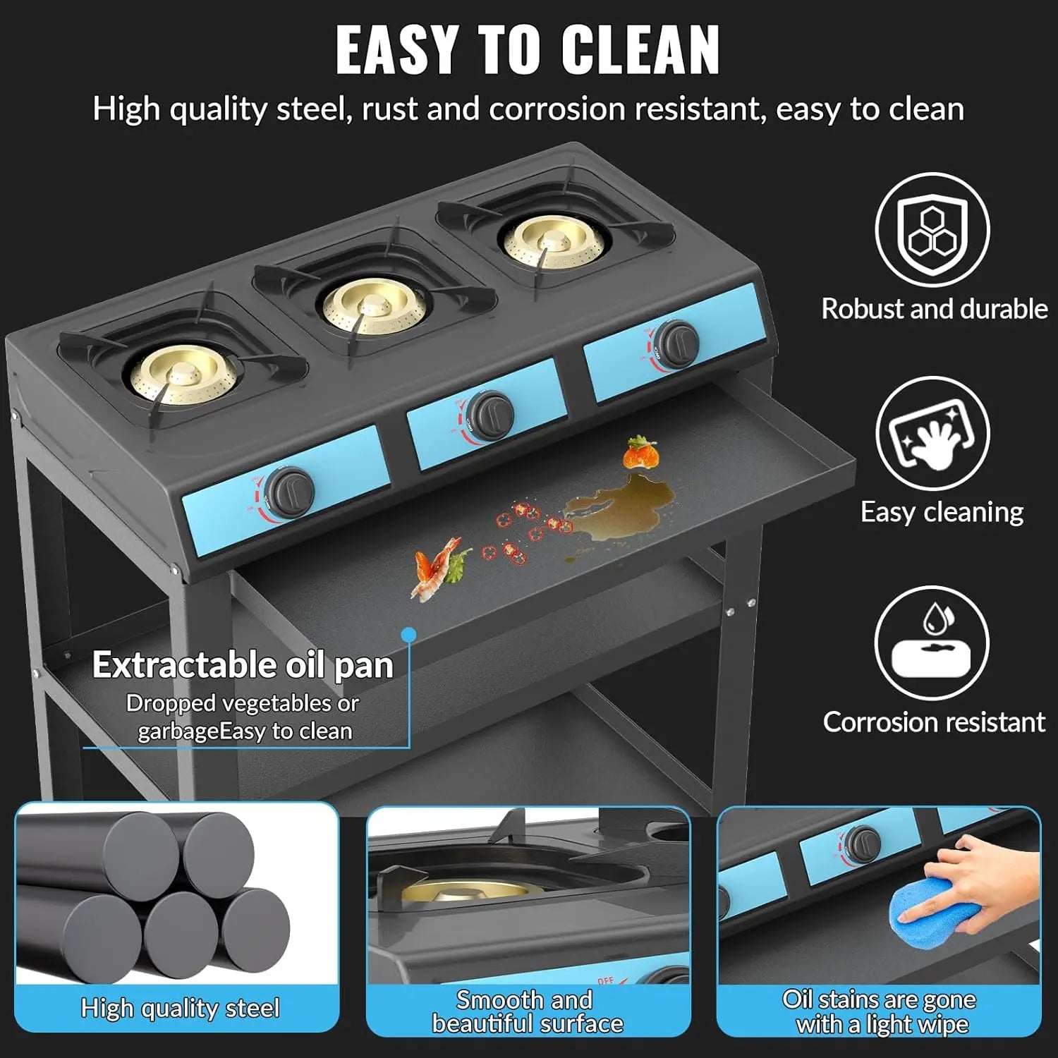 Propane Gas Stove-40000BTU Portable Gas Stove, with Removable Leg,Auto Ignition Camping Stove,3 Burner