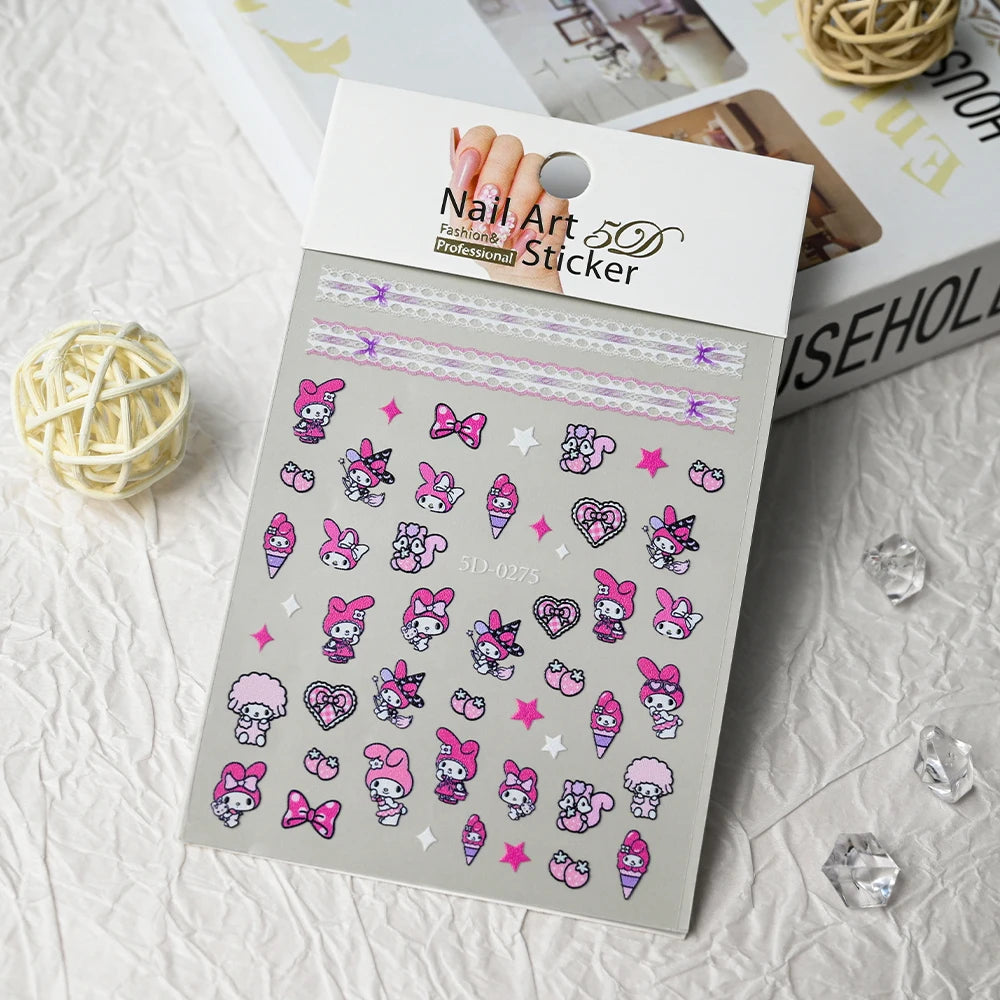 5D Sanrio Hawaii Hello Kitty/Mymelody Nail Stickers 1Pcs Kawaii Cartoon Kitty Nail Stickers DIY Holiday Girl Manicure Slider
