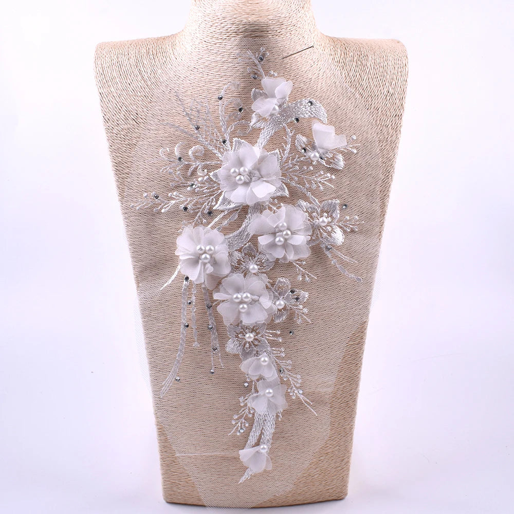 1Pc Pink Blue 3D Flower Bead Embroidery Patch Mesh Fabric Applique Sew Wedding Dress Clothes Decor Diy Repair