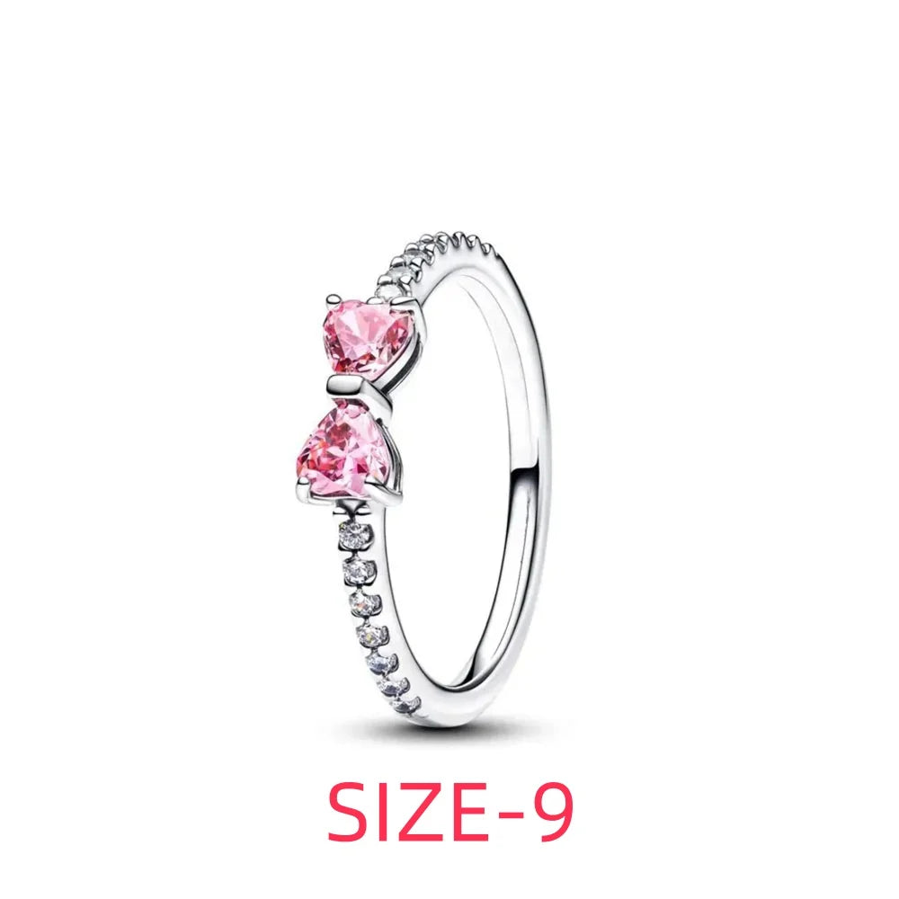 Original 925 Sterling Silver Colorful Bow Set Necklace Ring Earring Crystal For Women Valentine's Birthday Gift DIY Jewellery