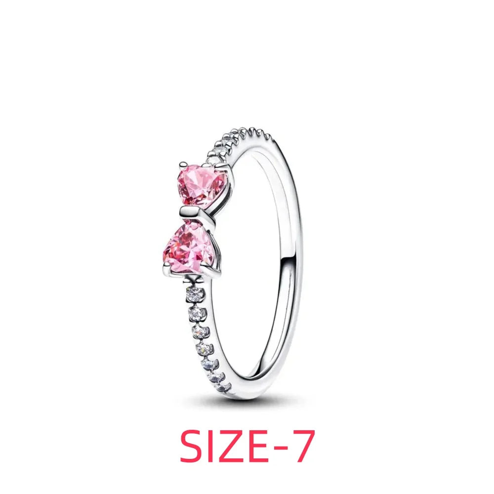 New 925 sterling silver pink bow necklace ring earrings crystal ladies Valentine's Day birthday gift DIY jewelry