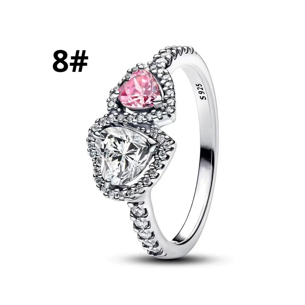 Original 925 Sterling Silver Bow Heart Set Ring Necklace Earring Colorful Crystal Women Birthday Valentine's Gift DIY Jewellery