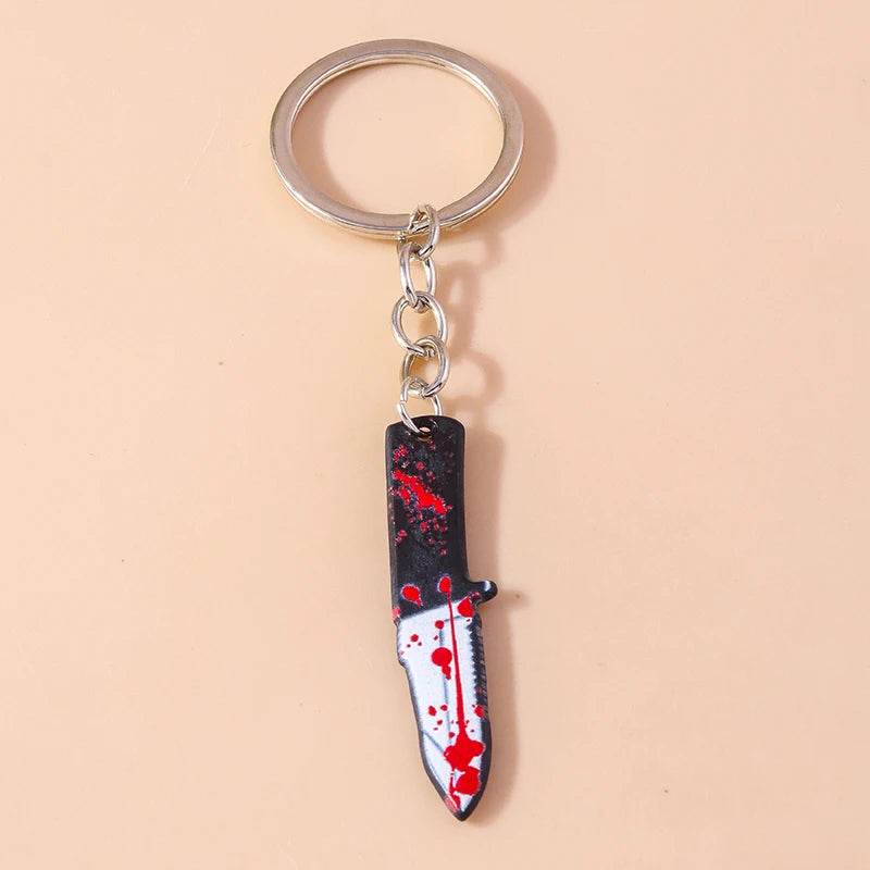 Aihua Resin Halloween Imitation Bloody Knife Keychain Dagger Scissors Axe Saw Keyring for Halloween Night Party Jewelry Gifts