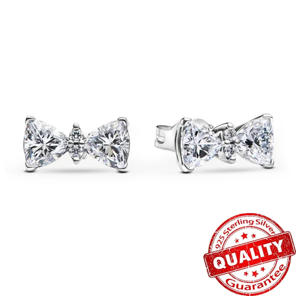 New Original 925 Sterling Silver Crown Bow Heart Set Ring Necklace Earring Crystal Women Valentine's Birthday Gift DIY Jewellery