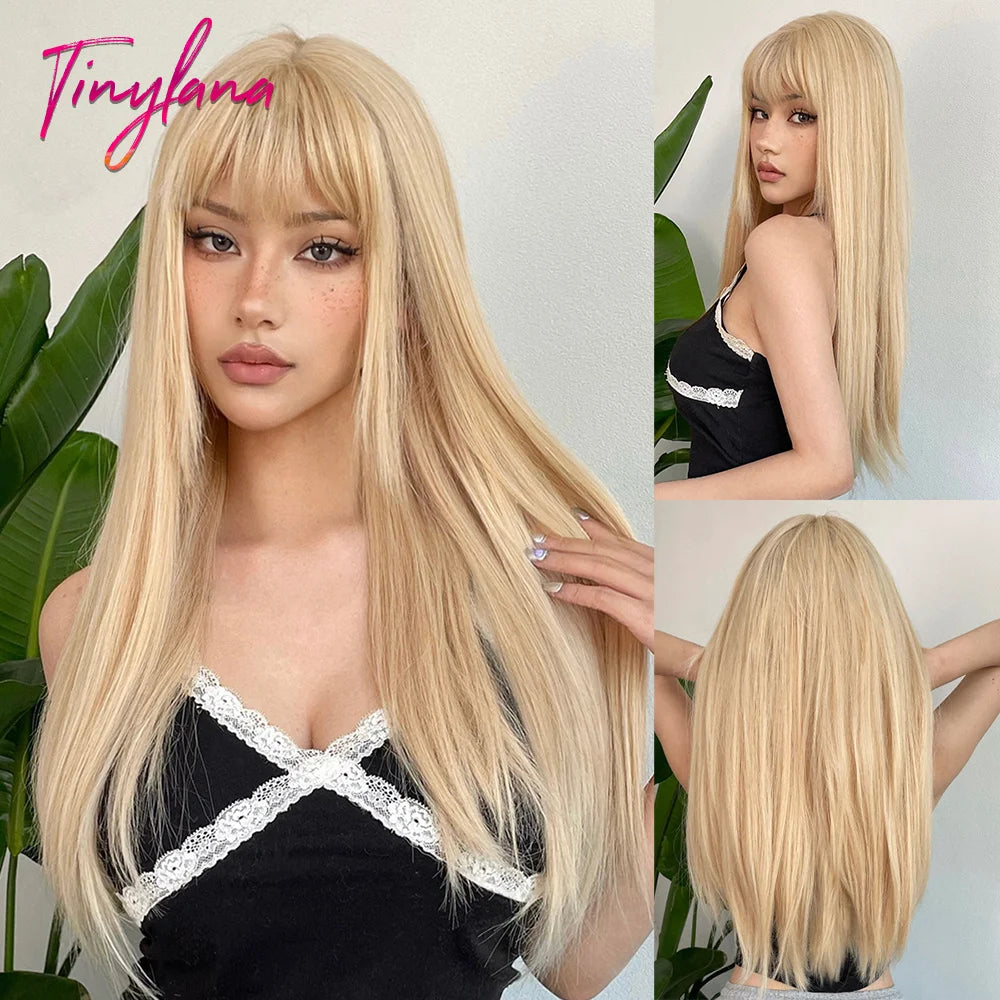 Long Straight Light Pink Synthetic Wigs with Bangs for Women Cosplay Halloween Lolita Pink Party Wig Natural Hair Heat Resistant