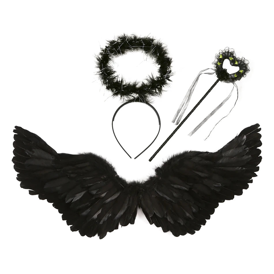 Children Adults Family Look Halloween Cosplay Holy Angel Aureole Headbands and Devil Wings Demon Horn Headwear Magic Wand Sets