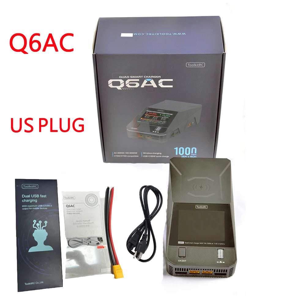 NEW ToolkitRC Q6AC Charger AC 400W/DC 1000W 4CH output Built-in 65W USB A/TYPEC Output ,LiPo, 1-6S，NiMH 1-16S,PB 1-10S Charger