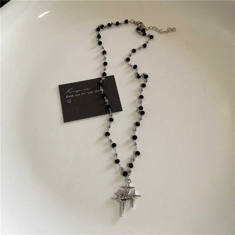 Punk Gothic Red Glass Cross Heart Pendant Pearl Necklace For Women Men Hip Hop Y2K 90s Short Choker Charms Jewelry Accessories