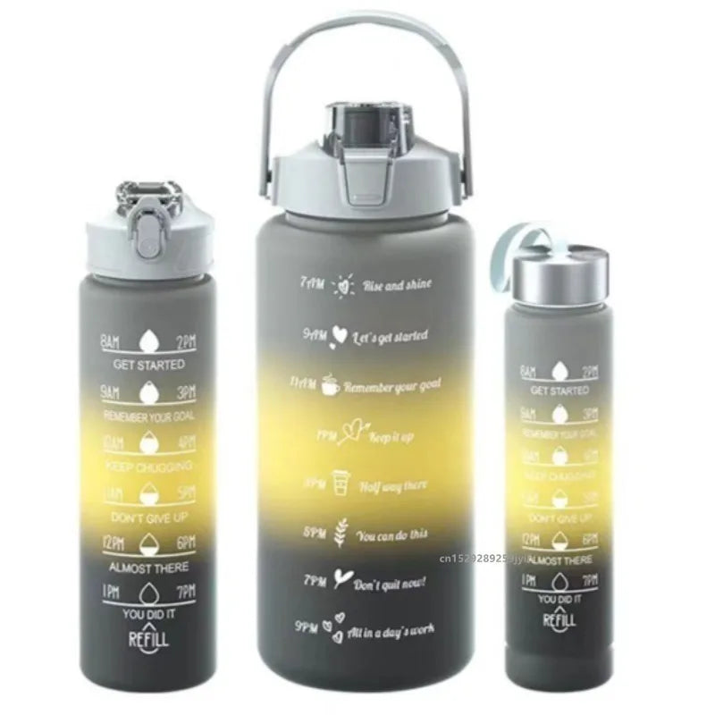 2000ml+900ml+300ml Motivational Water Bottle Set Large Capacity Tumbler with Straws Time Marker for Outdoor Sports
