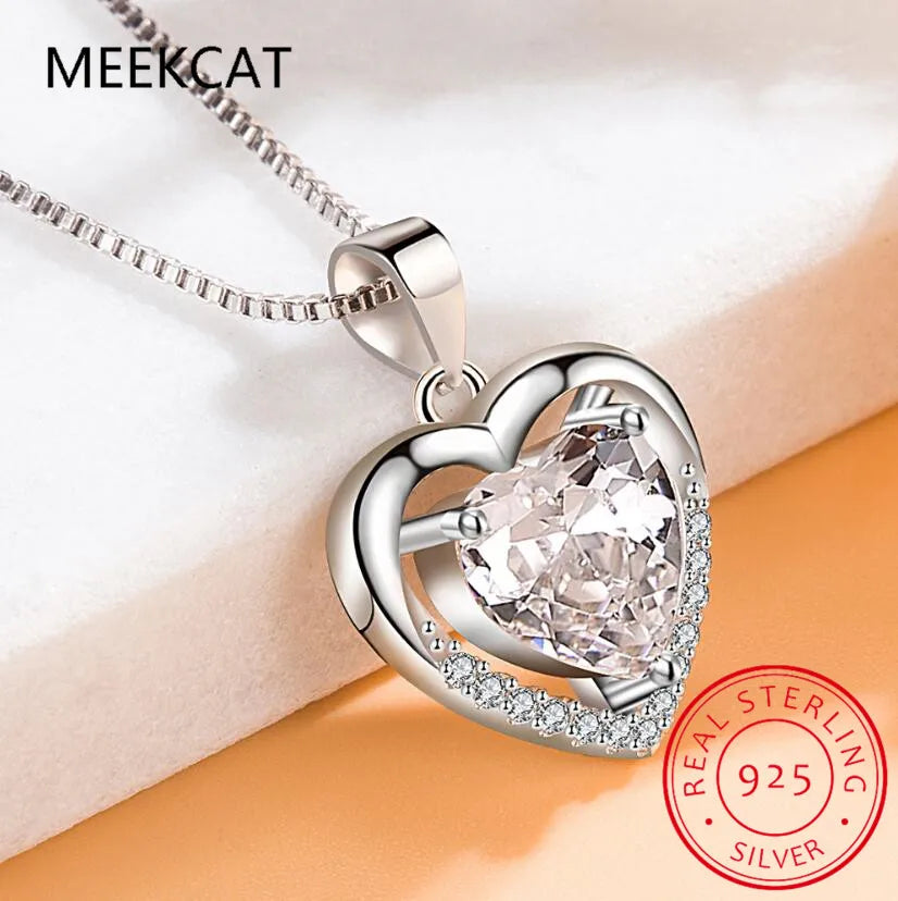 925 Sterling Silver Love Heart Pendant Necklace, Blue Clear Crystal Necklaces for Women Silver Fine Jewelry Gift BSN252