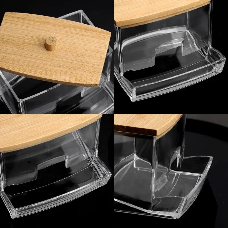 Dustproof Storage Jar for Sticks Powder, Beauty Eggs, and Swabs Transparent Acrylic Wooden Lid Stick Holder for Desktop Bathroom