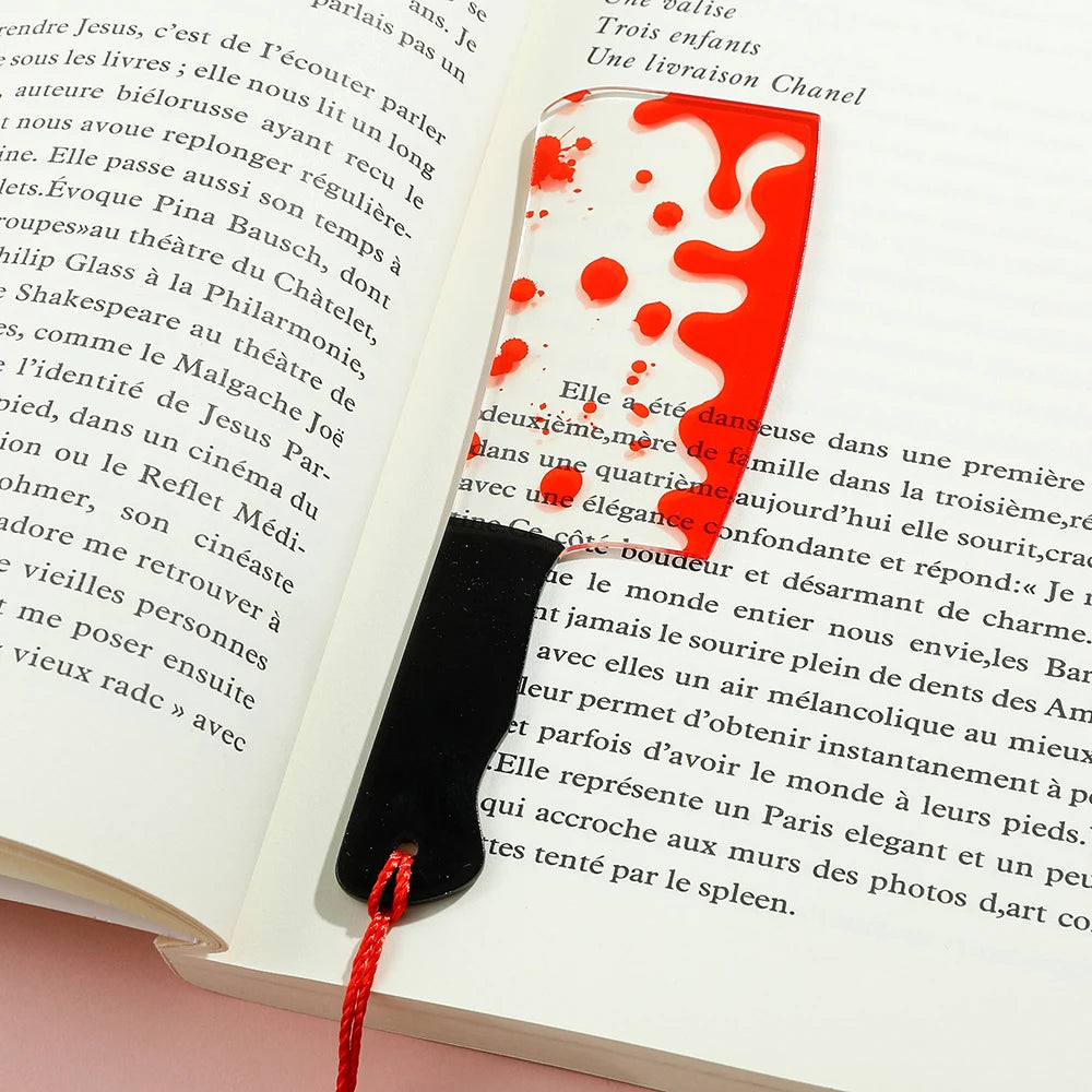 1Pcs Horror Knife Clear Acrylic Bookmark with Tassel, Halloween Themed Series Chopper Saw with Blood, Halloween for Bookworms
