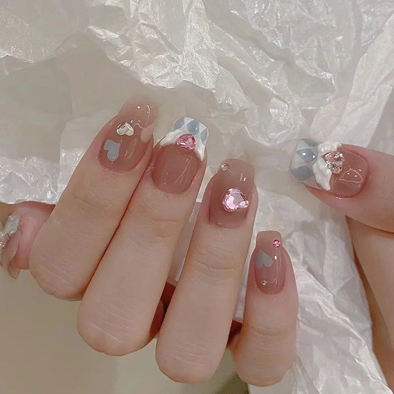 24pcs Detachable Short Press on Nails Y2k rhinestone False Nails with Glue Ballet Sweet Cool Girls Artificial False Nails Tips