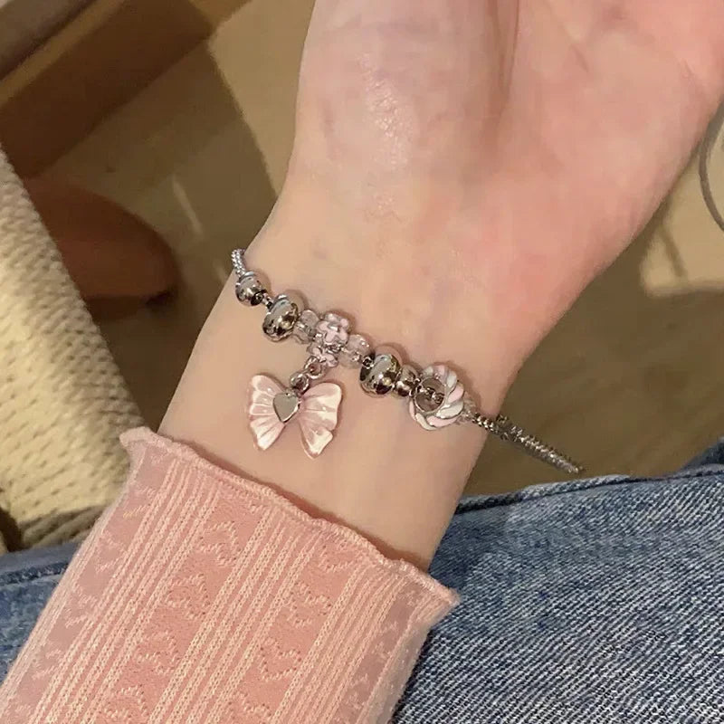 Kpop Gothic Punk Pink Cross Heart Bowknot Pendant Chain Necklace Women Charm Vintage Aesthetic Y2k EMO 2000s Jewelry Accessories