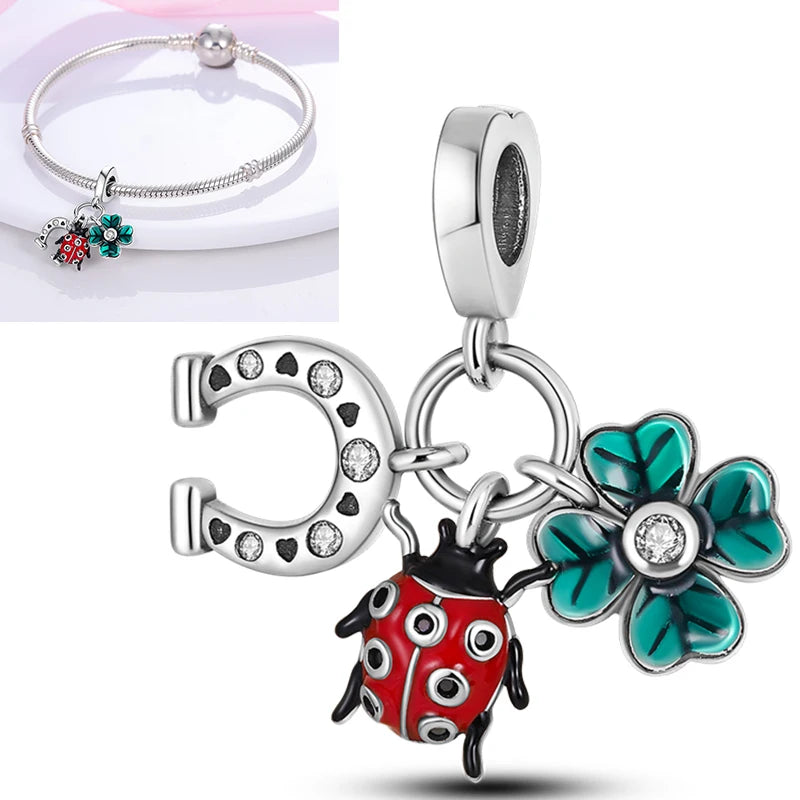 New 925 Sterling Silver Cactus Four Leaf Clover Charm Spring Green Series Bead Pendant For Original Beads Bracelet DIY Jewelry