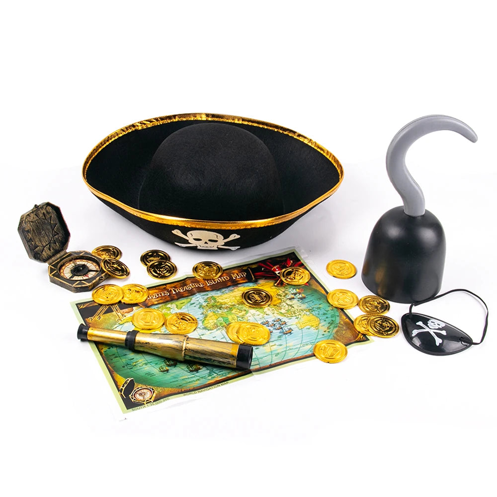 Children Pirate Captain Cosplay Costume Props Pirate Eye Patch Hook Coins Telescope Kids Favors Gift Toy Pirate Party Halloween