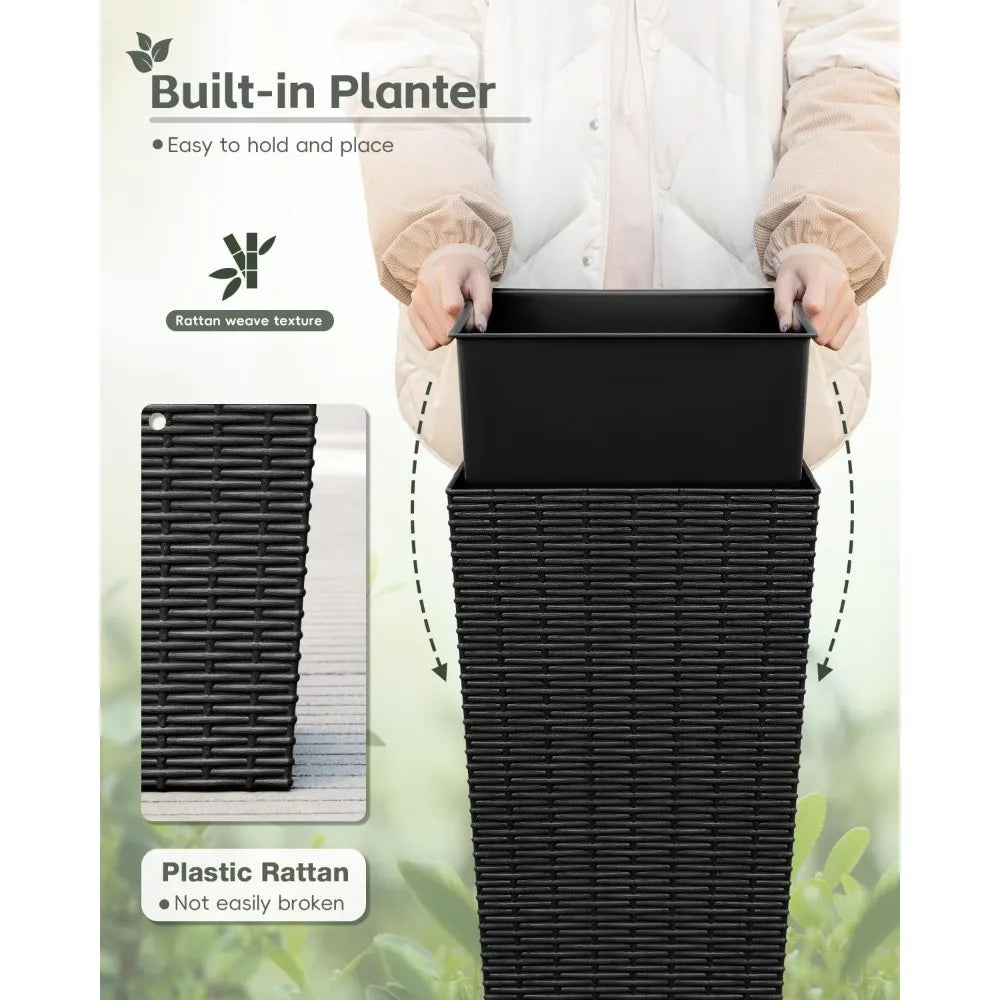 Free Delivery - 32 Inch Tall Plastic Planters with Rattan Texture – Set of 2, Detachable Inner Pot & Drainage Holes,