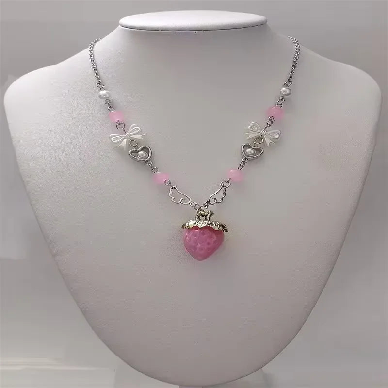 Nana anime Strawberry necklace, Hachi Y2k Gift for Her or girlfriend, pink and white, cute harjuku fashion