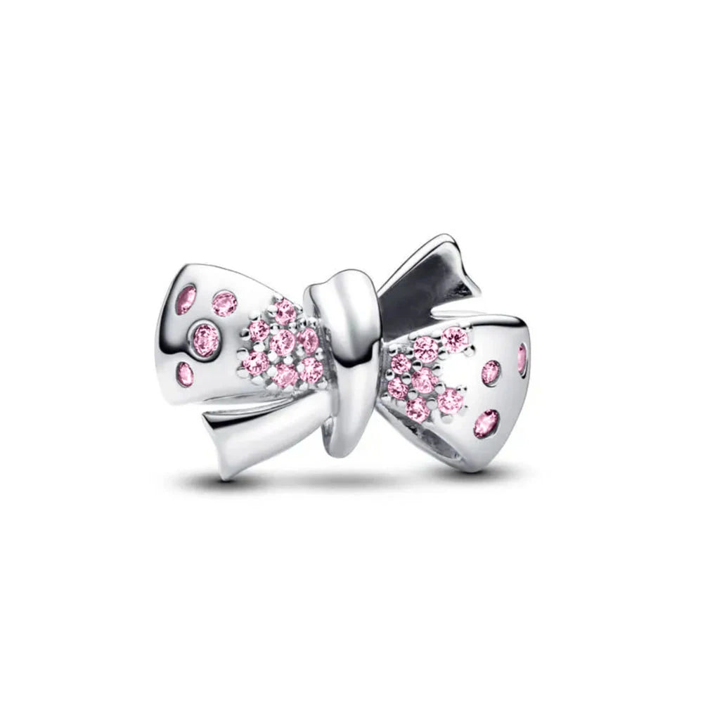 New 925 silver pink bow heart-shaped pendant ring necklace earrings crystal women's Valentine's Day birthday gift DIY jewelry