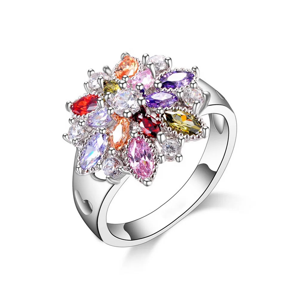 Ring Fashion 925 Sterling Silver Color Jewelry Colourful Cubic Zirconia Flower Design Cute Style Women Girls Party Engagement