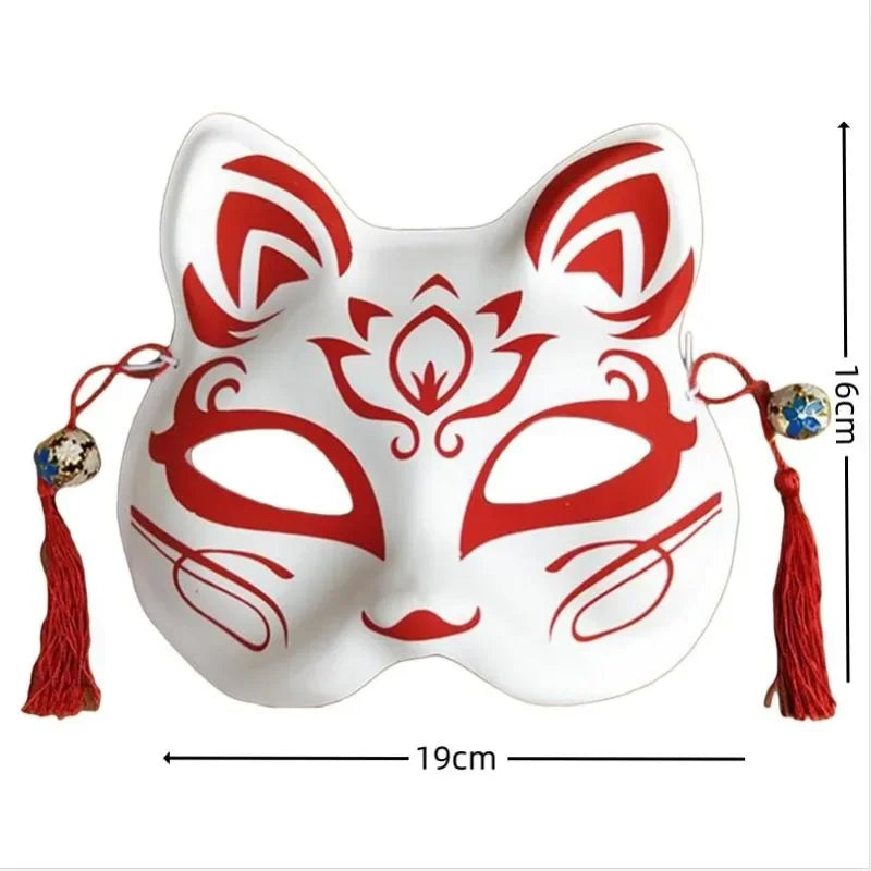 Party Show Fox Mask With Tassels And Bells Hand-painted Kitsune Half Face Halloween Cosplay Gift