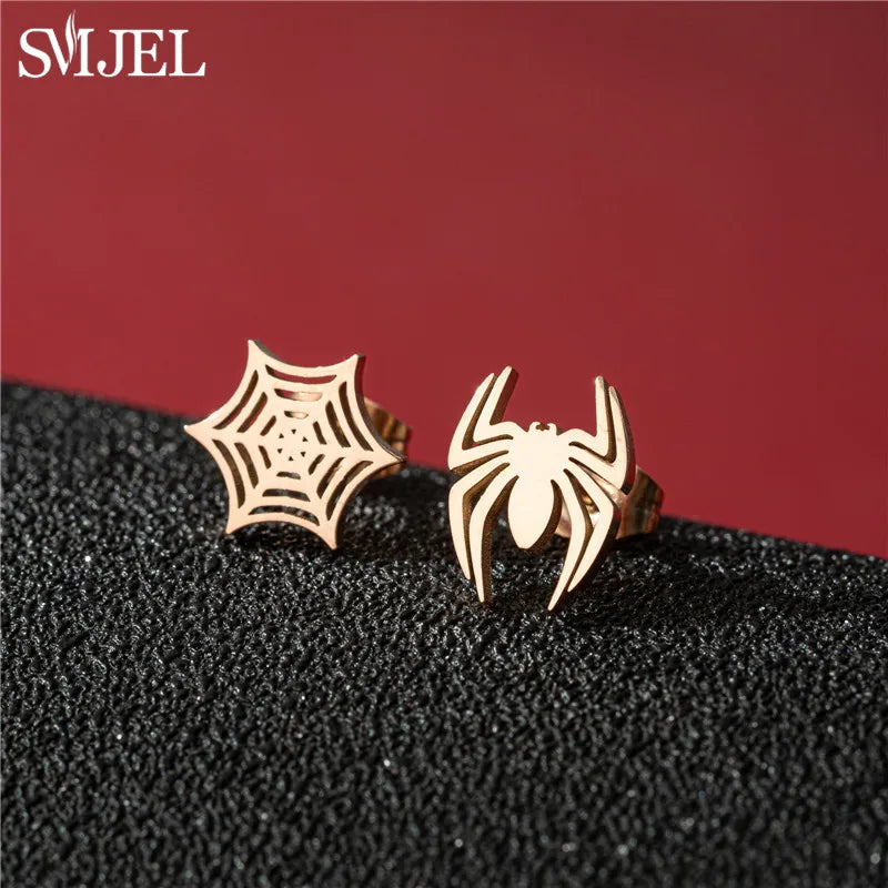 Punk Black Spider Stainless Steel Stud Earrings for Women Men Personality Spider Web Earings Halloween Piercing Jewelry 2024