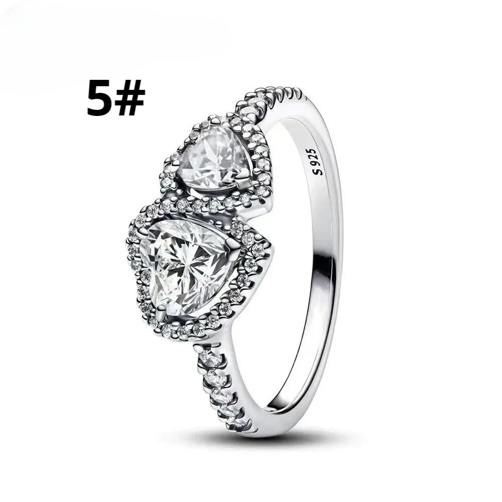 Original 925 Sterling Silver Bow Heart Set Ring Necklace Earring Colorful Crystal Women Birthday Valentine's Gift DIY Jewellery