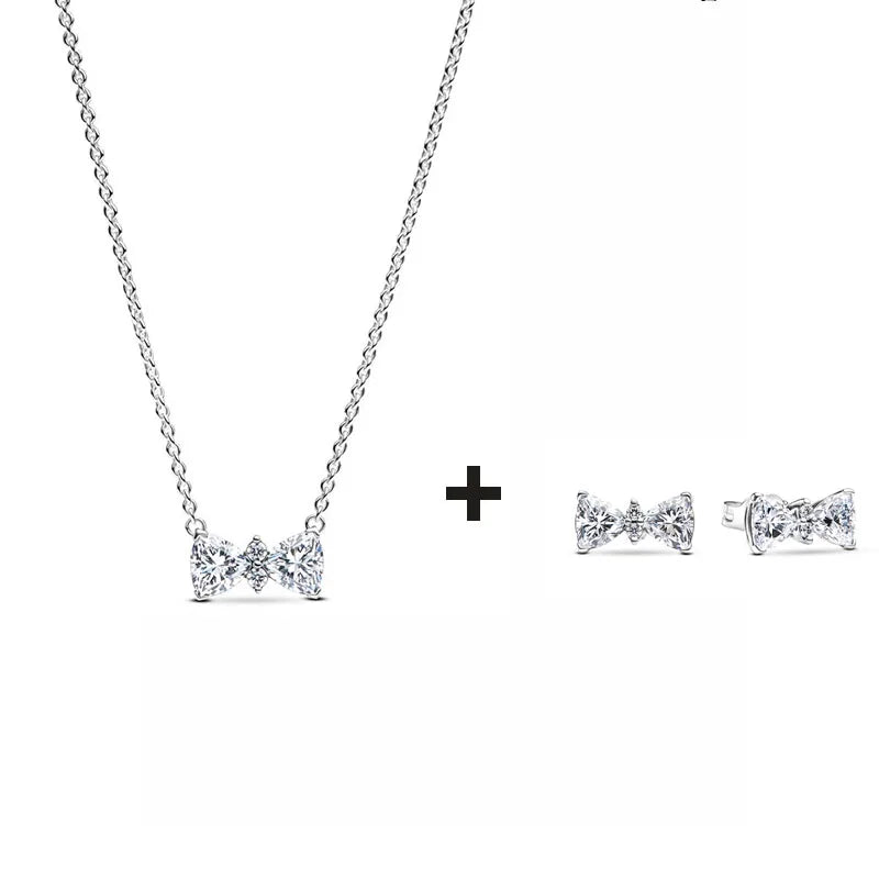 S925 Silver Valentine's Day Red Heart Charm Earring Snowflake Earrings Bow Heart Necklace DIY For Women Fine Jewelry Gift