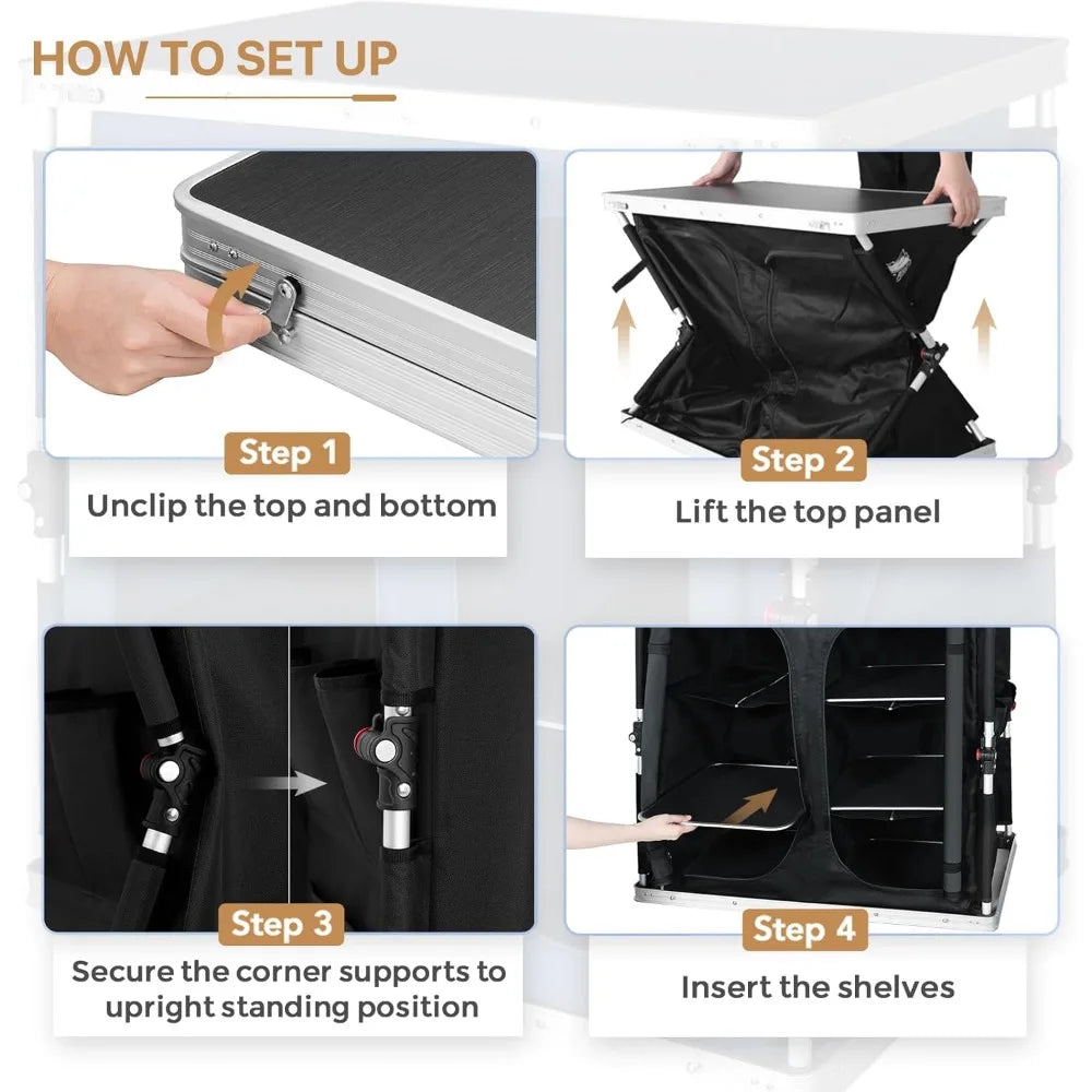 Double Outdoor Folding Camping Table with Large 3-Tier Storage Organizer and Side Pockets, Easy Set Up Portable Aluminum