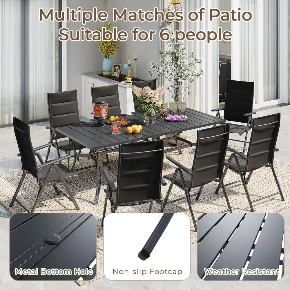 Outdoor Dining Set - 8 Padded Aluminium Folding Chairs & Adjustable Steel Table, Low-Maintenance Garden Furniture for Backyard