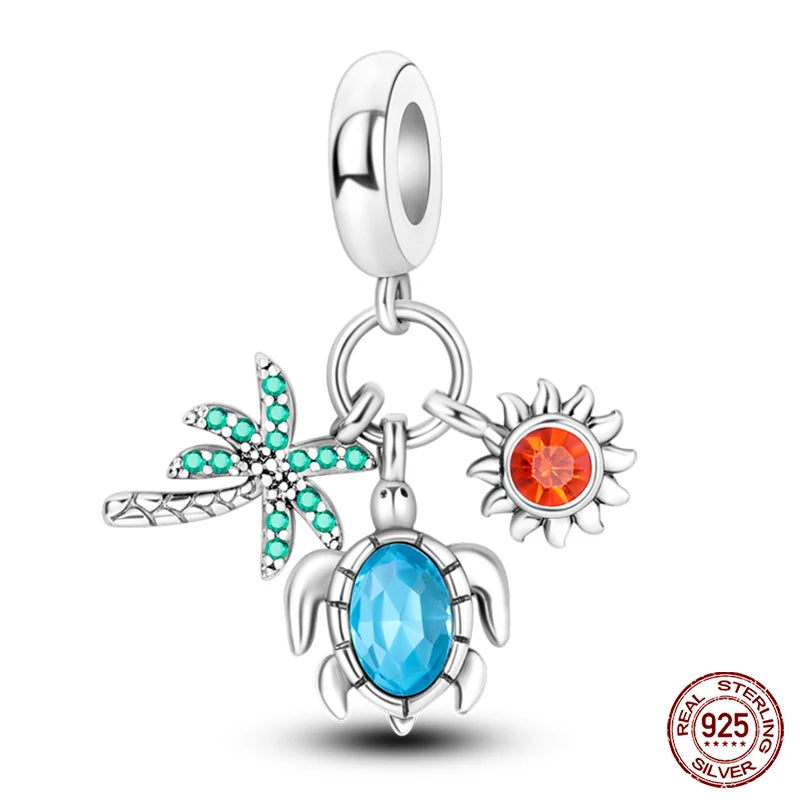 Original Ocean Series Fit 3mm Bracelet 100% Authentic 925 Sterling Silver Turtle Crab Mermaid Charm Beads DIY Jewelry Gift