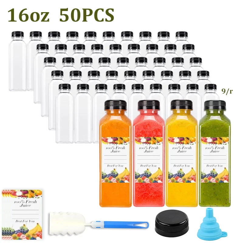 12/16oz Plastic Juice Bottles with Caps 6-50PCS Reusable Juicing Containers With Lids for Smoothie,Dringking or Other Beverages