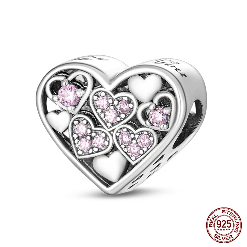 Real 925 Sterling Silver Pink Series Heart Charms Beads Fit Qikaola 925 Original Bracelets DIY Mother's Day Jewelry Gift For Mom